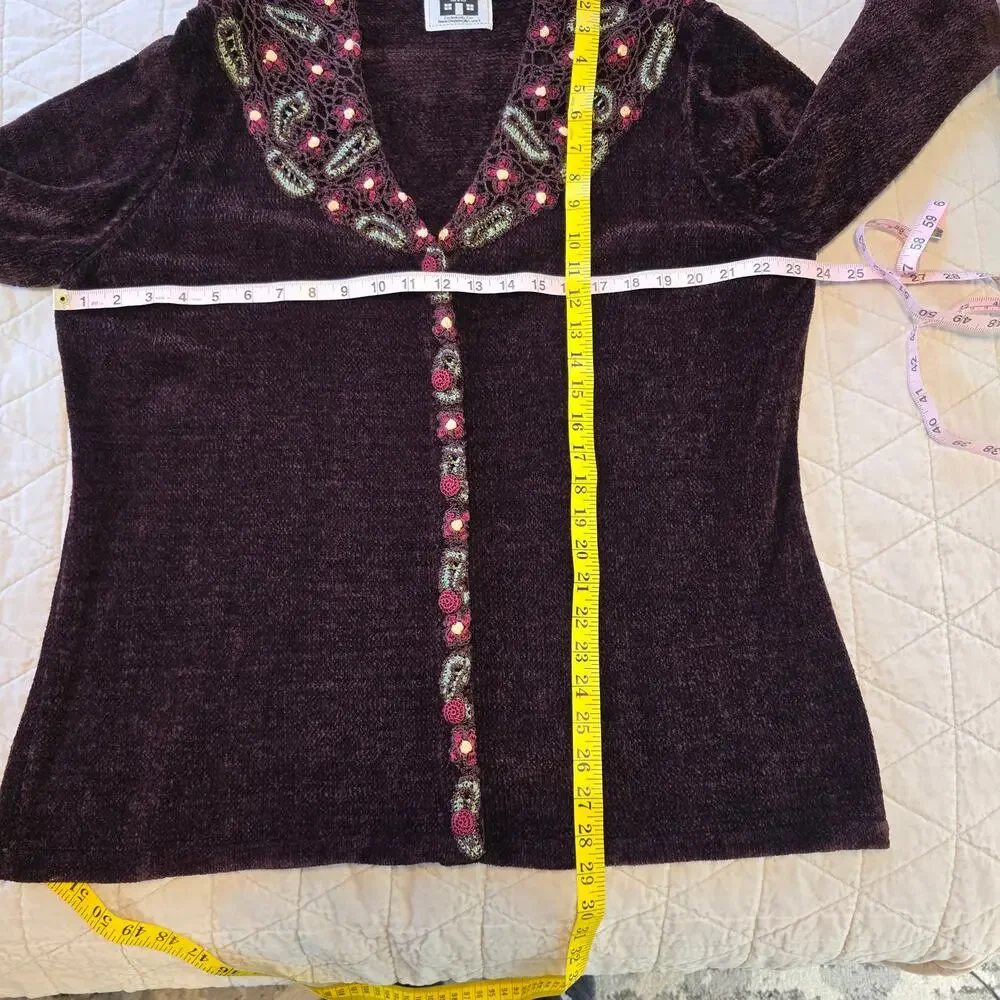Storybook Knits Sweater Women's 1X Brown Chenille Green Red Floral Crochet